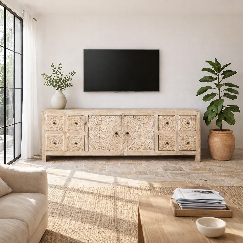 Lifestyle image of a whitewashed mango wood lowboard with hand-carved floral details, eight drawers and two compartments; ideal as a wooden lowboard or carved wood console table, 180 × 60 × 40 cm.