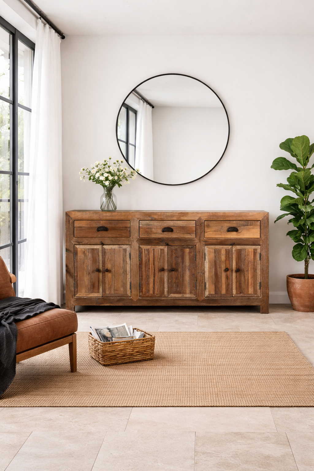 Lifestyle imagination of a reclaimed wood sideboard Amira in a rustic minimalist design, featuring three drawers and six doors with iron handles. A sustainable piece of living room furniture with natural textures and timeless appeal.