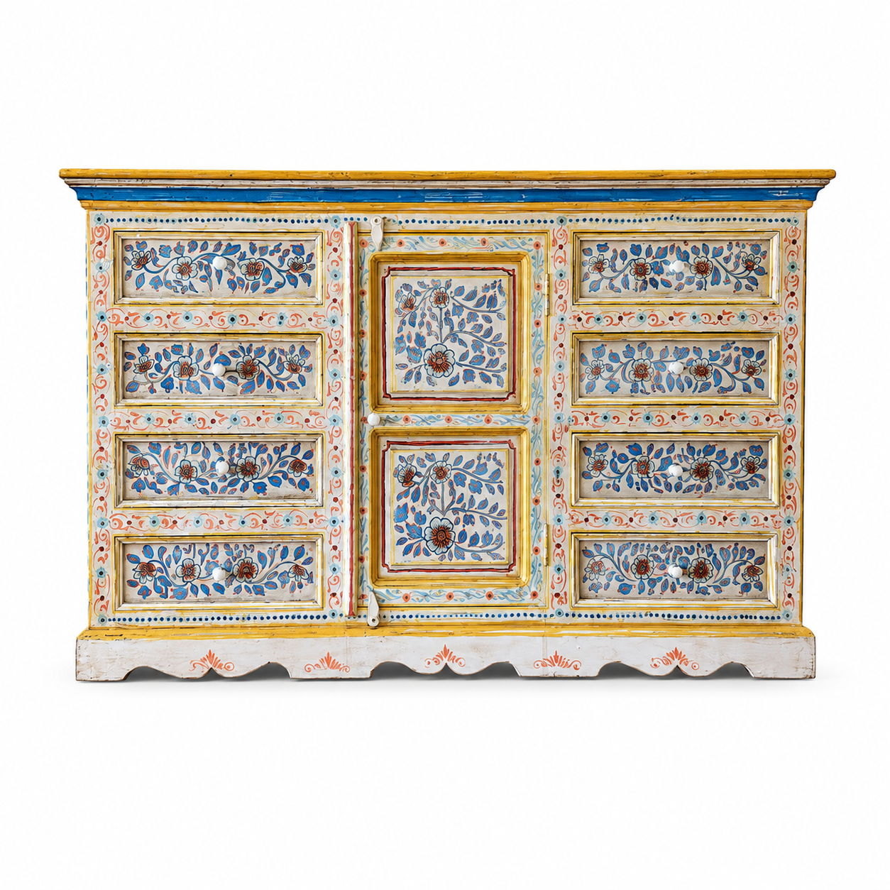White background image of a hand-painted reclaimed wood sideboard with floral motifs – a unique piece of sustainable furniture for vibrant Indian home decor.