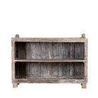 White background image of a unique Indian furniture teak counter table with vintage shelving and aged green paint, antique console with original wood panel detailing, 152 × 64 × 102 cm.