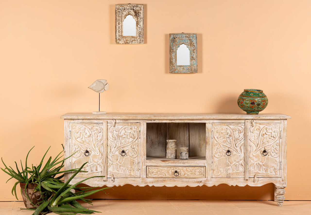 Hand-carved traditional sideboard made from mango wood with whitewashed floral detailing; perfect as entryway table vintage or TV unit, 198 × 82 × 40 cm.