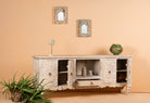 Open door image of a hand-carved traditional sideboard made from mango wood with whitewashed floral detailing; perfect as entryway table vintage or TV unit, 198 × 82 × 40 cm.