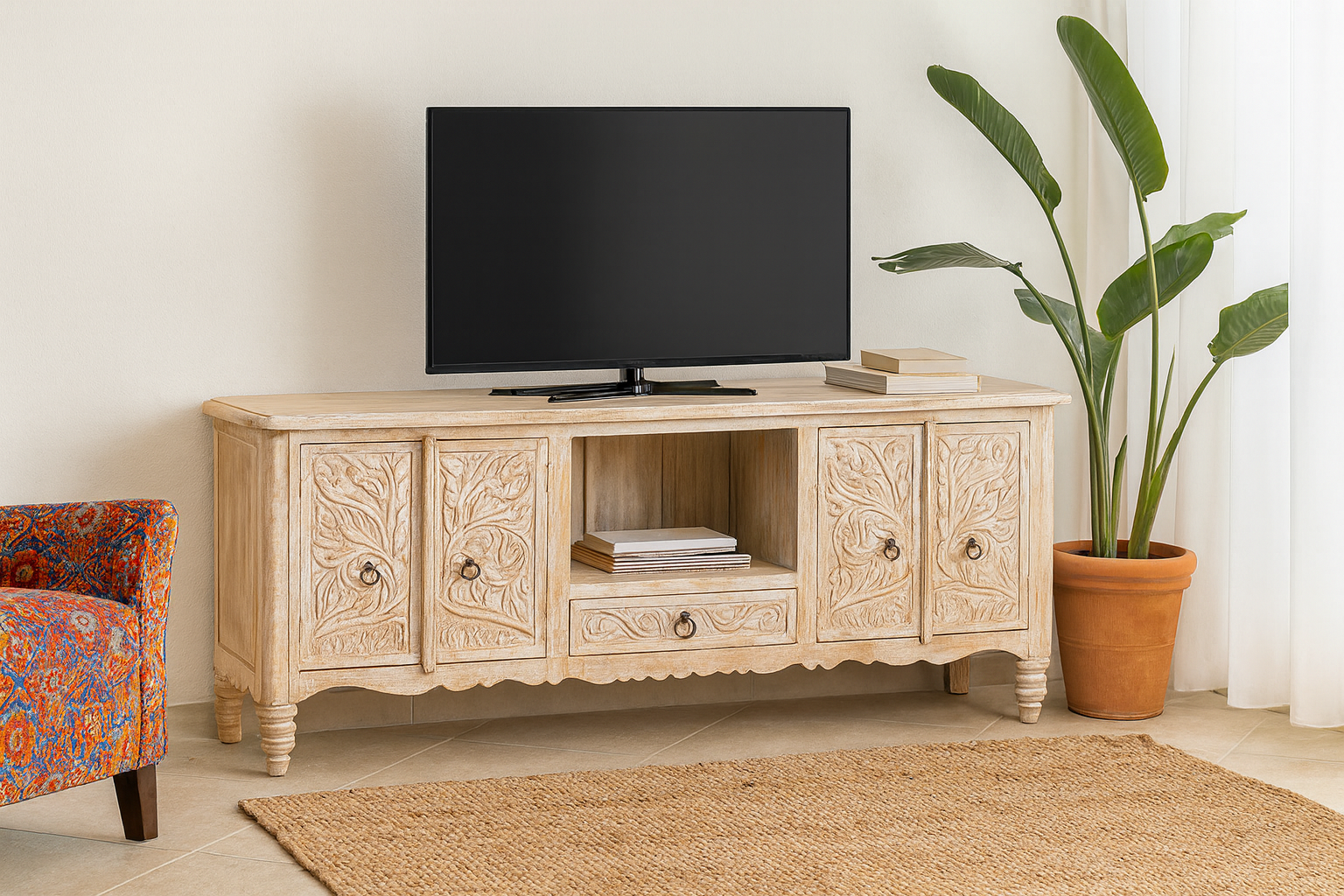 Lifestyle imagination of a hand-carved traditional sideboard made from mango wood with whitewashed floral detailing; perfect as entryway table vintage or TV unit, 198 × 82 × 40 cm.
