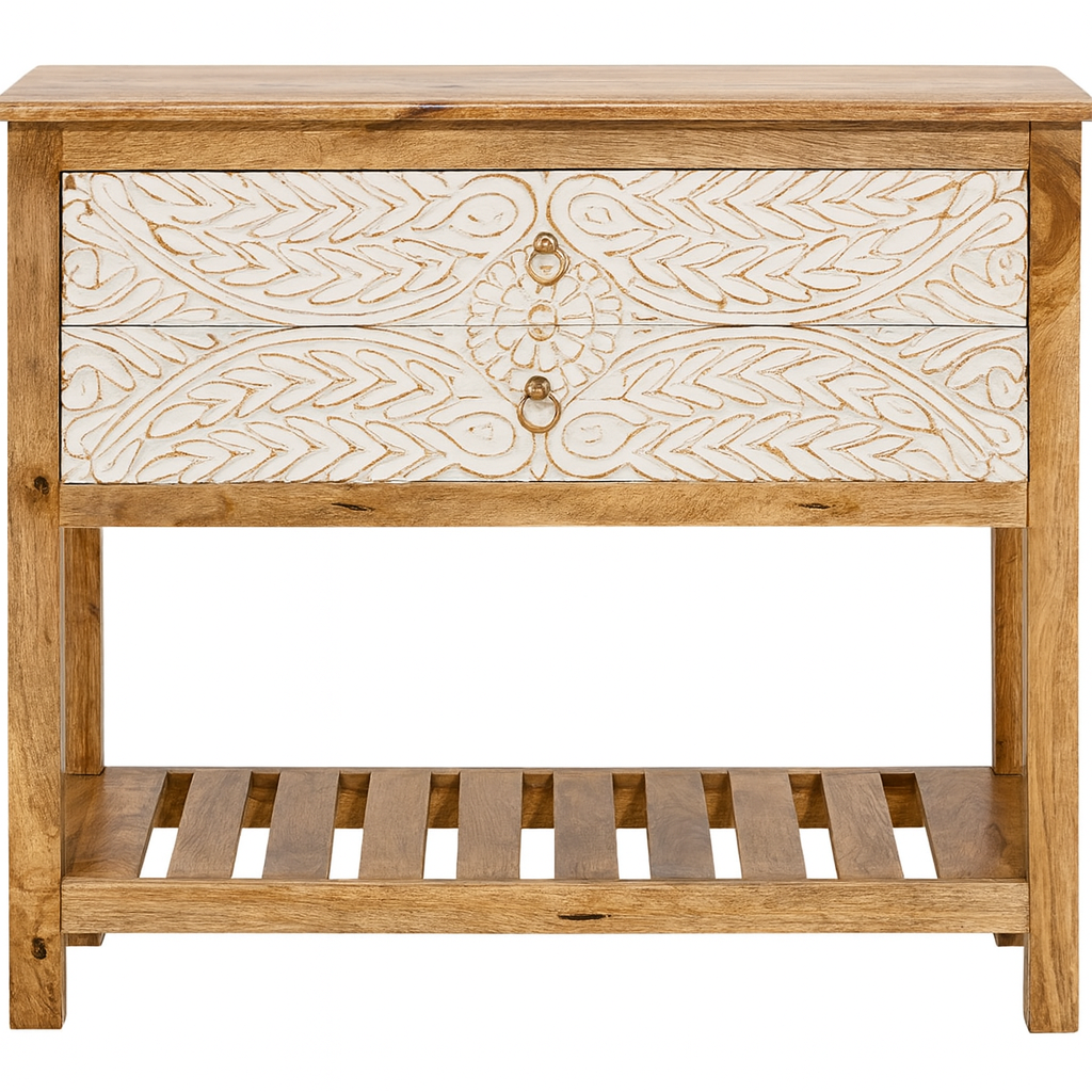 White background image of a white washed mango wood console table with floral hand-carved drawers and lower shoe shelf; rustic mango wood furniture, 90 × 40 × 75 cm.