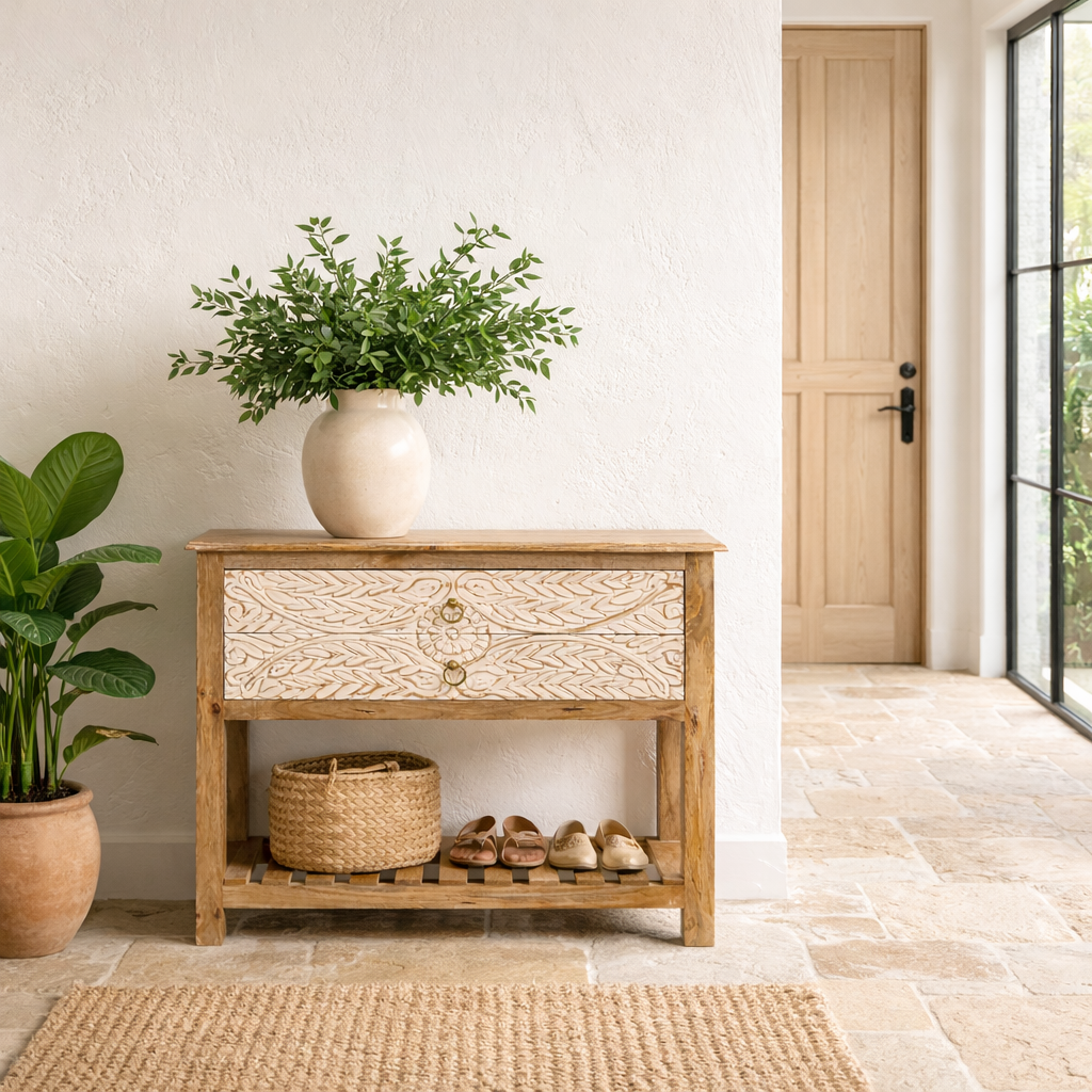 Lifestyle imagination of a white washed mango wood console table with floral hand-carved drawers and lower shoe shelf; rustic mango wood furniture, 90 × 40 × 75 cm.
