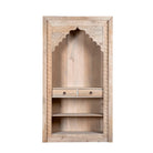 White background image of a hand carved entryway shelf with storage and two drawers made of mango wood, hand carved.