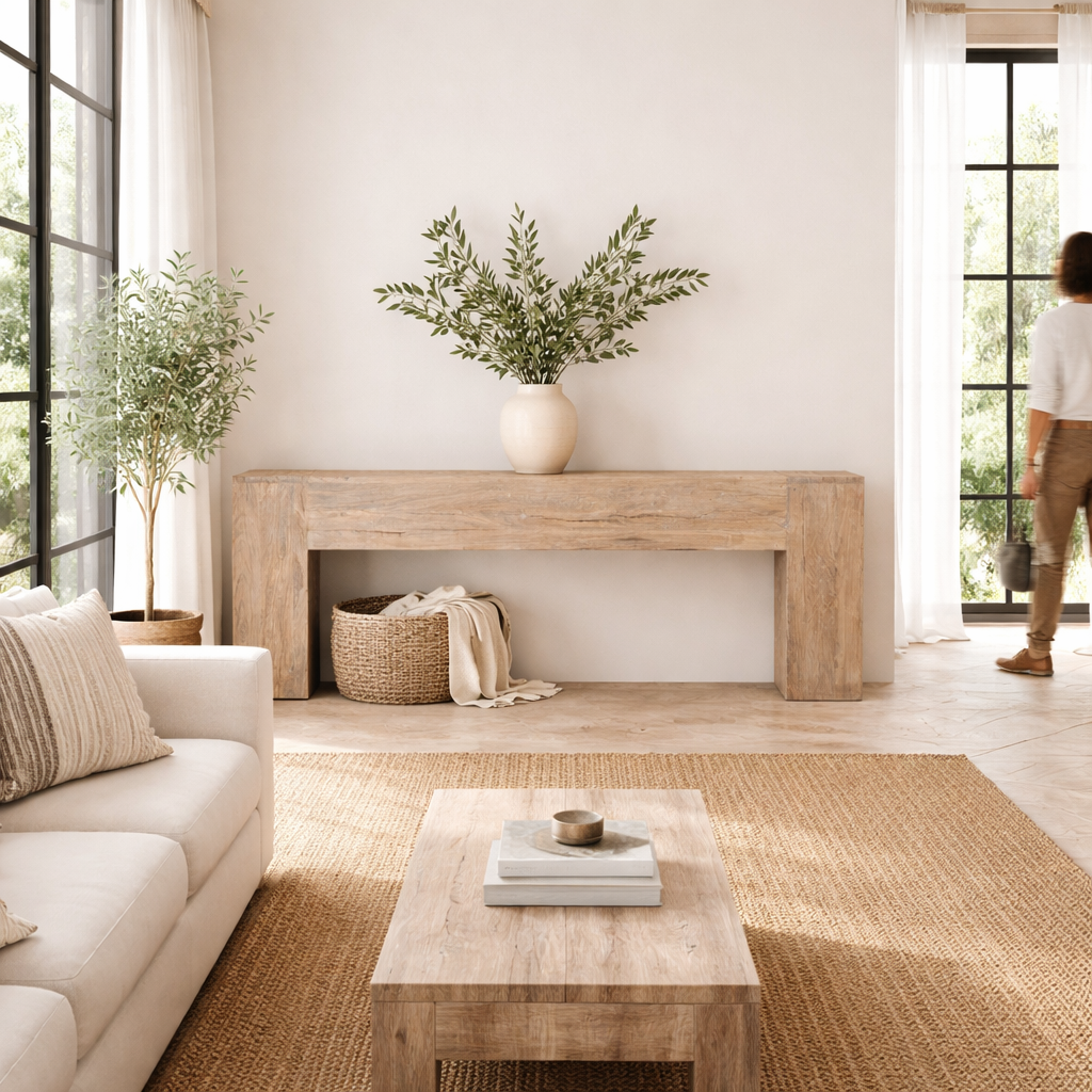 Minimalistic reclaimed mango wood entryway table with sun-washed finish and block design, 250 × 40 × 90 cm.