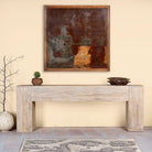 Minimalist reclaimed wood console in Ibiza style with light sun-washed finish, 250cm length.