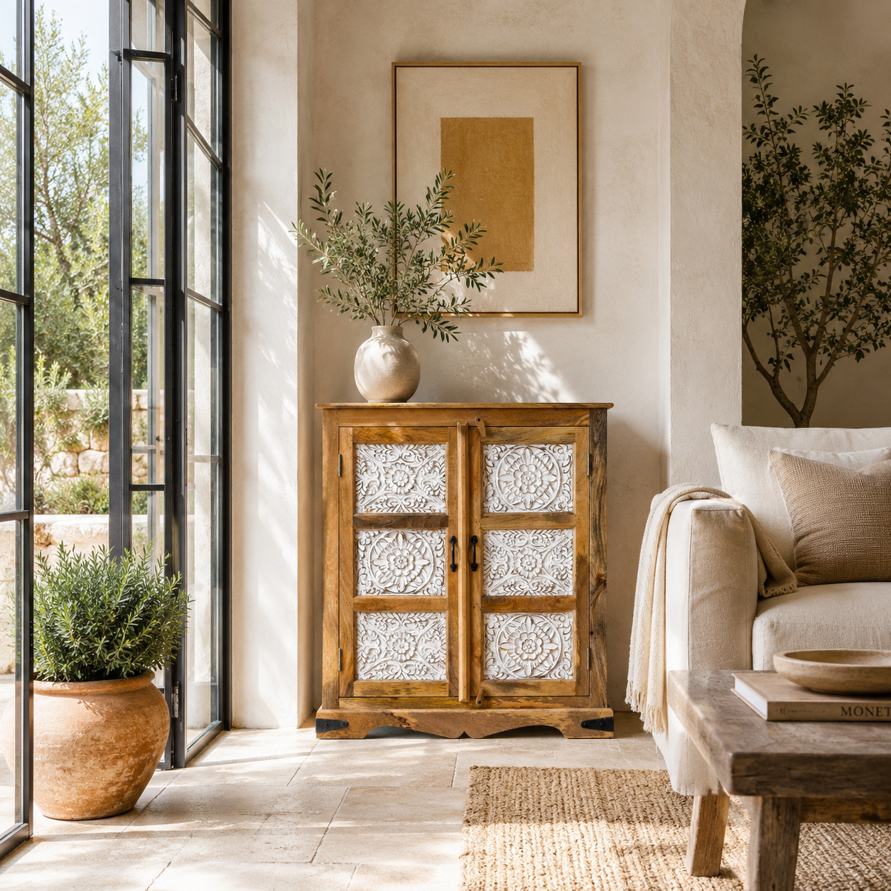 Anapuram handcrafted solid mango wood cabinet with hand-carved floral doors, whitewashed detailing, natural wood grain, and spacious interior storage, 100cm.