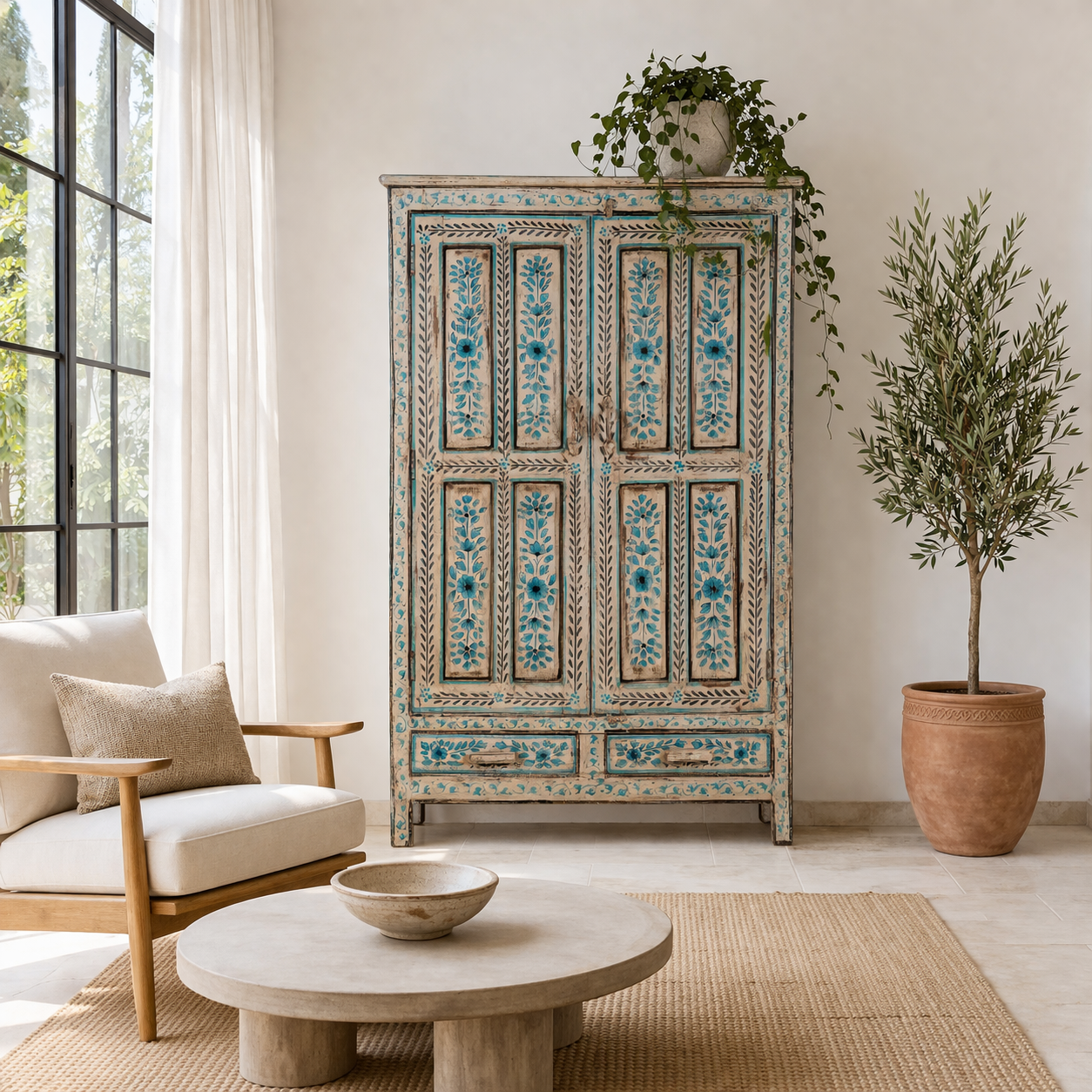 Lifestyle image of a hand painted wooden furniture cabinet with floral motifs, reclaimed teak artisanal furniture in Mediterranean style, 95 × 40 × 152 cm.