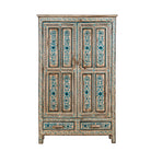 White background image of a hand painted wooden furniture cabinet with floral motifs, reclaimed teak artisanal furniture in Mediterranean style, 95 × 40 × 152 cm.