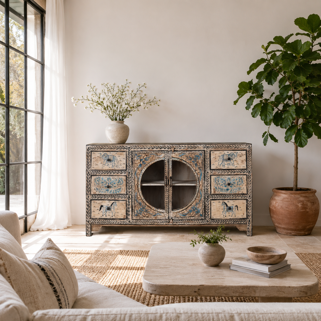 Lifestyle image of a hand-painted sideboard Anaya made from reclaimed wood with six drawers and two glass doors, featuring detailed animal and floral motifs. A sustainable piece of boho-style artisanal furniture with colourful heritage design.