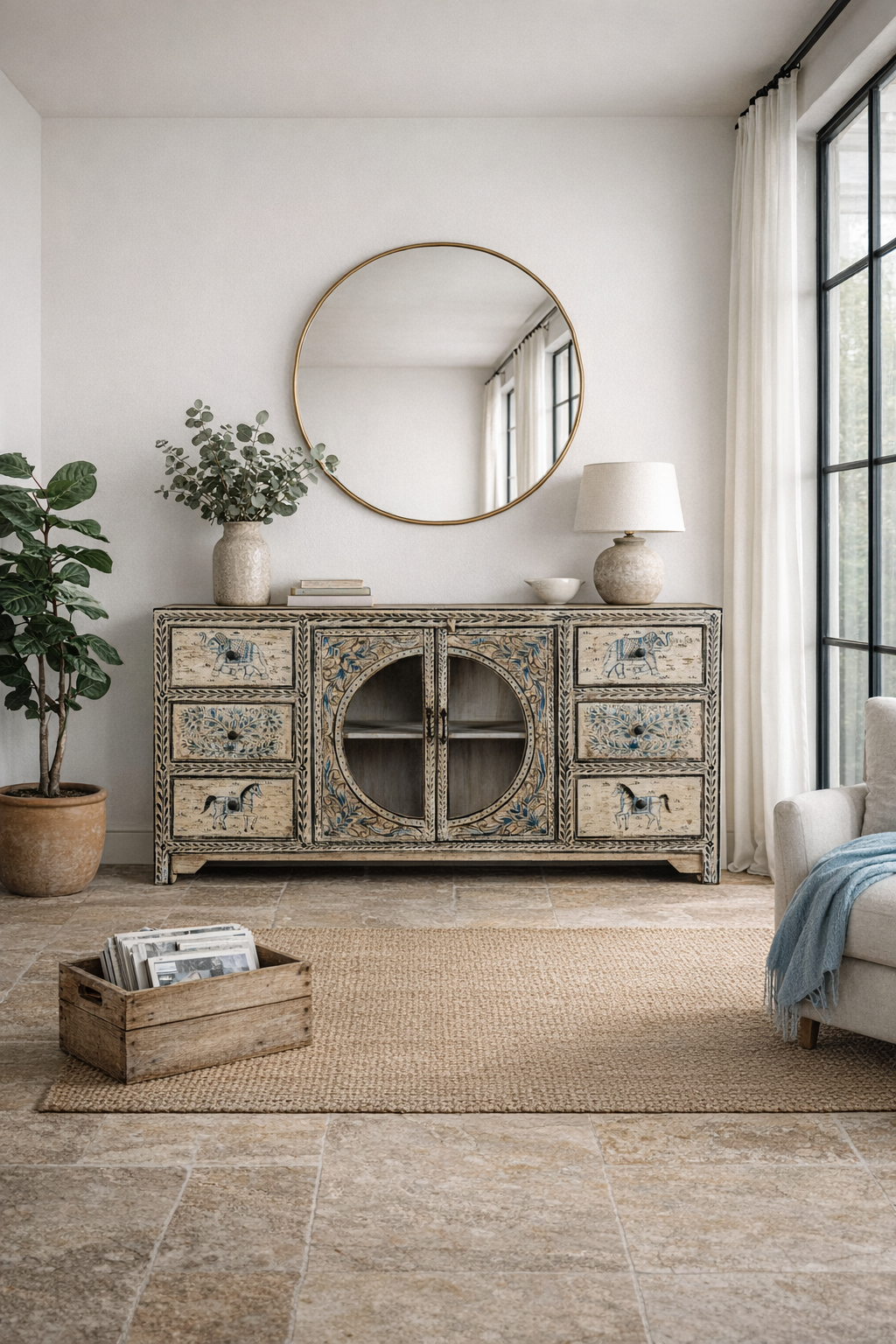 Lifestyle imagination of a hand-painted sideboard Anaya made from reclaimed wood with six drawers and two glass doors, featuring detailed animal and floral motifs. A sustainable piece of boho-style artisanal furniture with colourful heritage design.