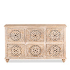 White background image of a hand-carved mango wood sideboard with Mediterranean drawer motifs and whitewashed finish; ideal carved sideboard or entryway table vintage, 150 × 90 × 40 cm.