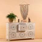 Open drawer image of a hand-carved mango wood sideboard with Mediterranean drawer motifs and whitewashed finish; ideal carved sideboard or entryway table vintage, 150 × 90 × 40 cm.