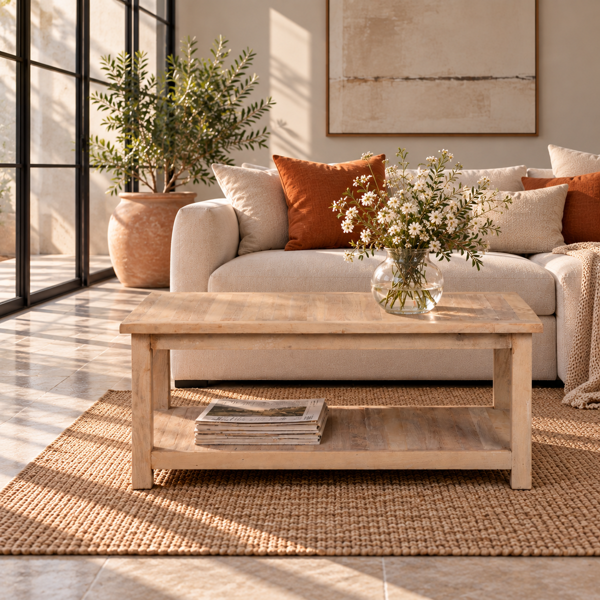 Lifestyle image of a Anil bleached reclaimed wood coffee table with rectangular top and full-width lower storage shelf, 120x60x50cm