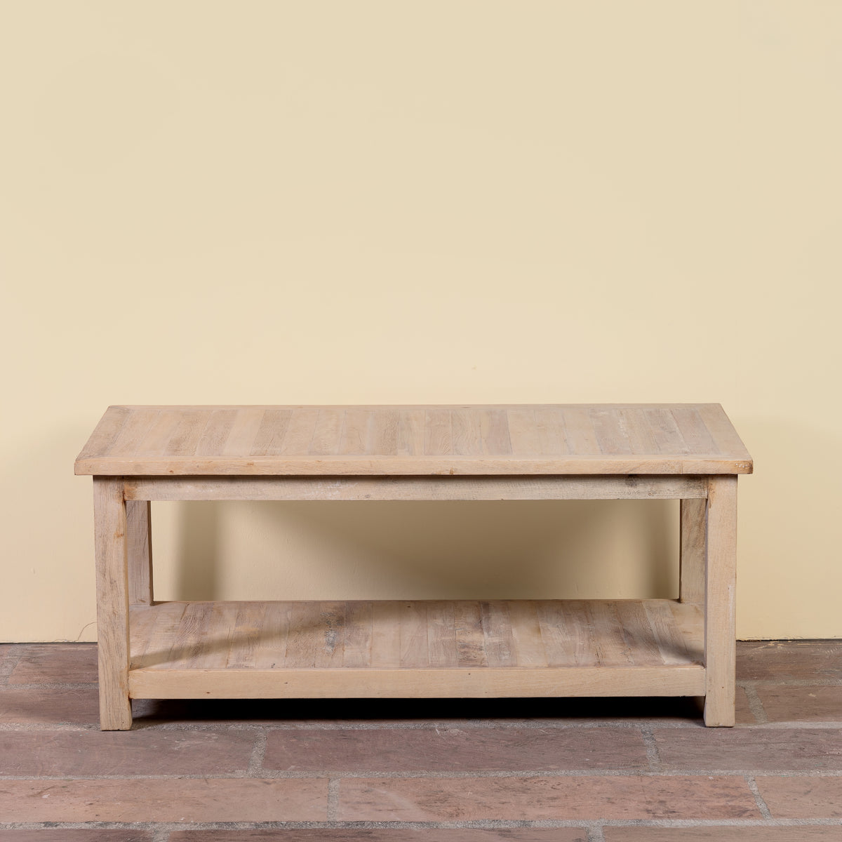 Anil bleached reclaimed wood coffee table with rectangular top and full-width lower storage shelf, 120x60x50cm