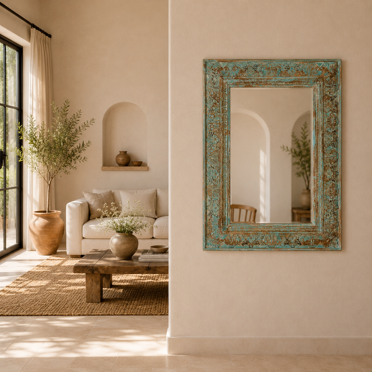 Lifestyle image of a carved mango wood mirror Animisha with turquoise finish and floral hand-carving. A statement piece for vintage home decor and Indian-inspired interiors.