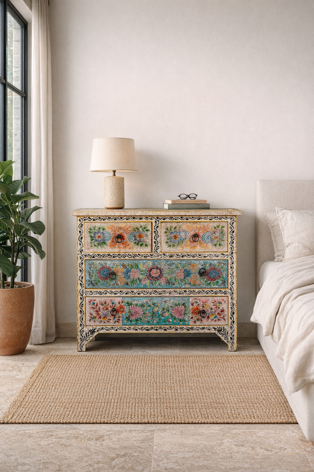 Lifestyle imagination of a hand-painted chest of drawers Anjana made from reclaimed wood, featuring four drawers with floral motifs in vibrant colours. A standout piece of sustainable furniture and painted wooden artistry.