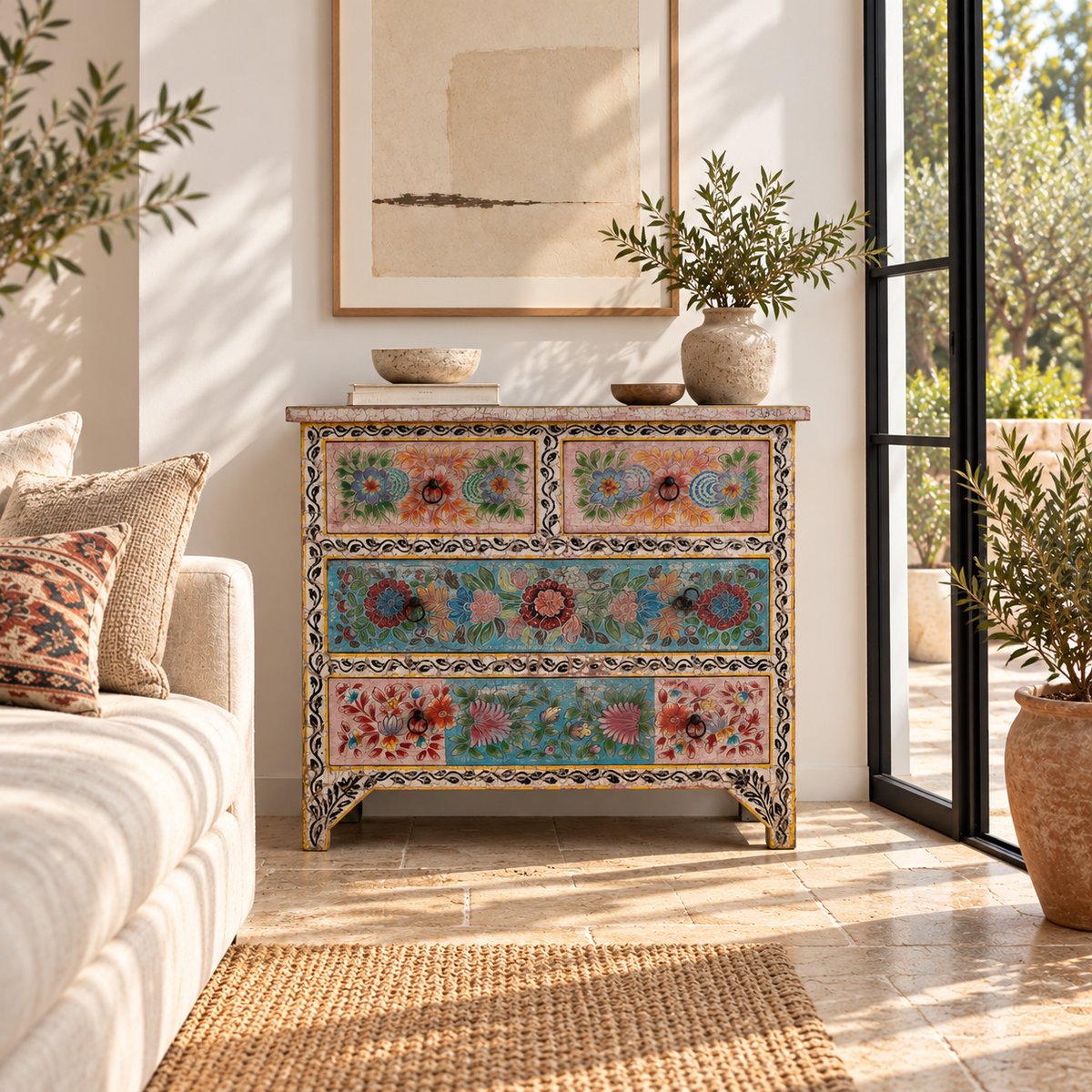 Lifestyle image of an hand-painted chest of drawers Anjana made from reclaimed wood, featuring four drawers with floral motifs in vibrant colours. A standout piece of sustainable furniture and painted wooden artistry.