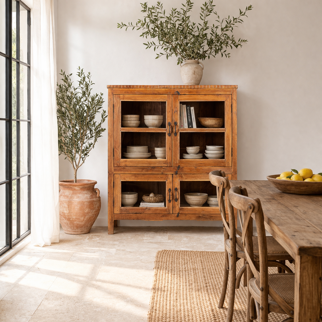 Lifestyle image of a reclaimed teak wood display cabinet with four glass-panelled doors – wooden showcase cabinet crafted as sustainable furniture with timeless appeal.