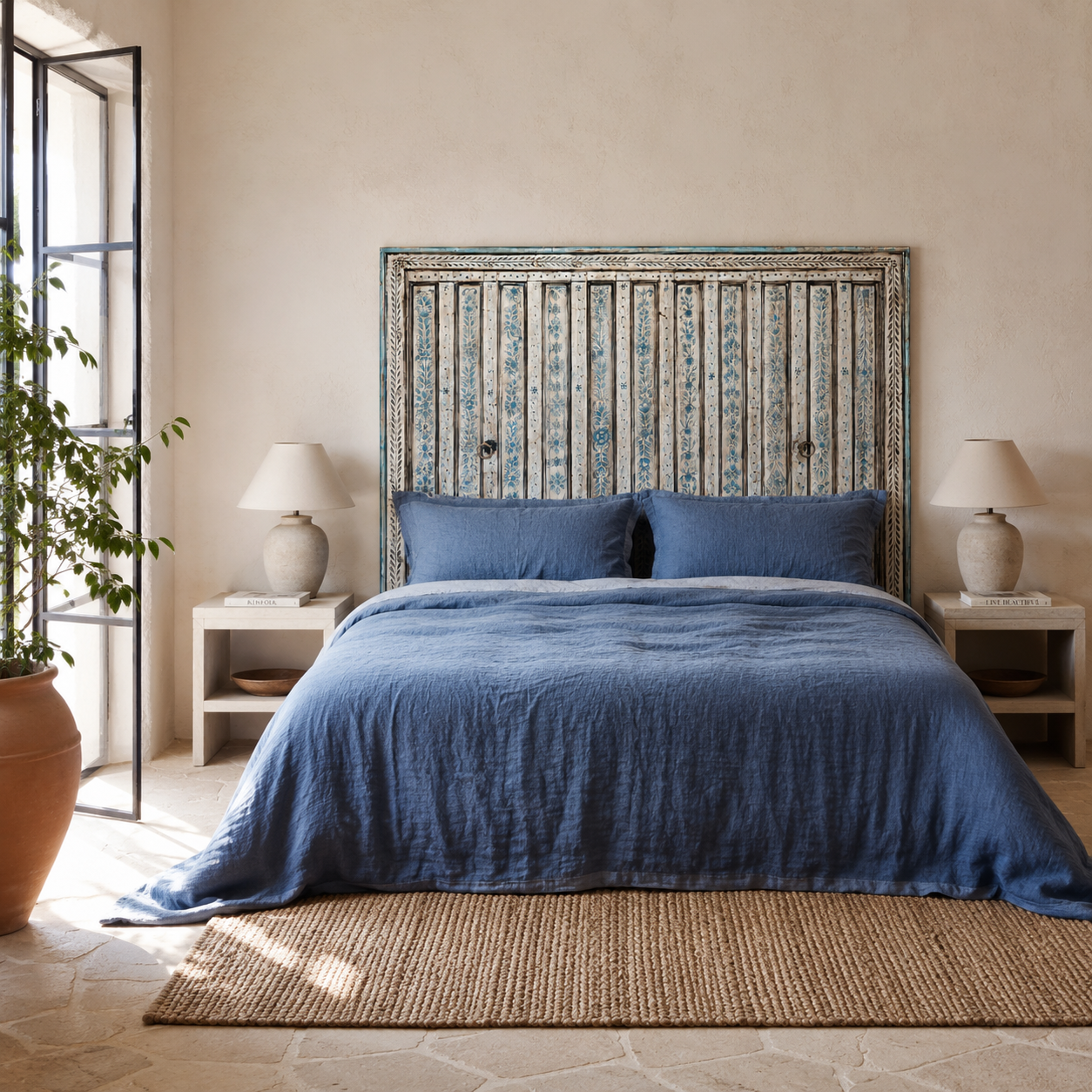 Lifestyle image of a Anmol hand painted head board made from an antique Indian teak door, featuring traditional floral motifs in blue and cream and original iron hardware—an elegant example of hand painted head boards and authentic Indian headboards.