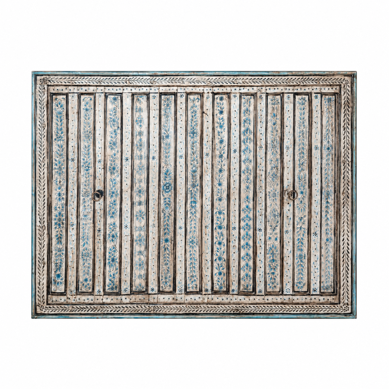 White background image of a Anmol hand painted head board made from an antique Indian teak door, featuring traditional floral motifs in blue and cream and original iron hardware—an elegant example of hand painted head boards and authentic Indian headboards.