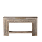 White background image of a carved console table made from reclaimed teak with antique Indian floral and geometric detailing, 160 × 40 × 90 cm.