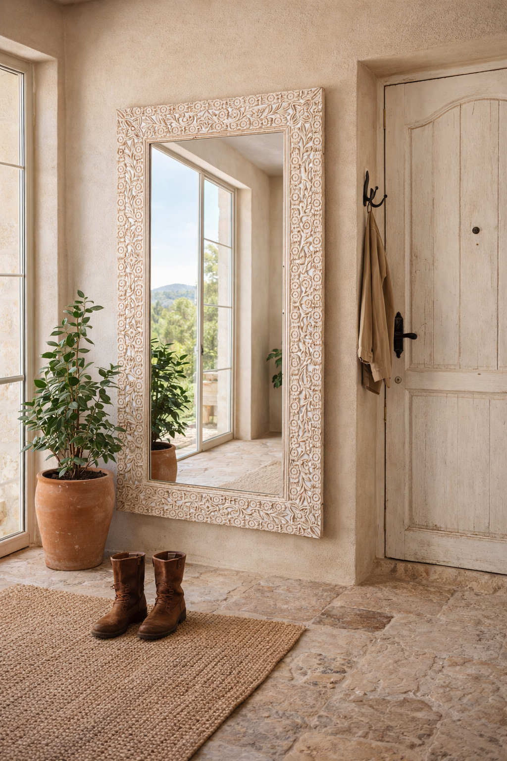 Lifestyle imagination of a carved wood mirror Antaka made from solid mango wood with hand-carved frame. A unique piece of living room furniture and boho wall décor that adds light and rustic elegance to any space.