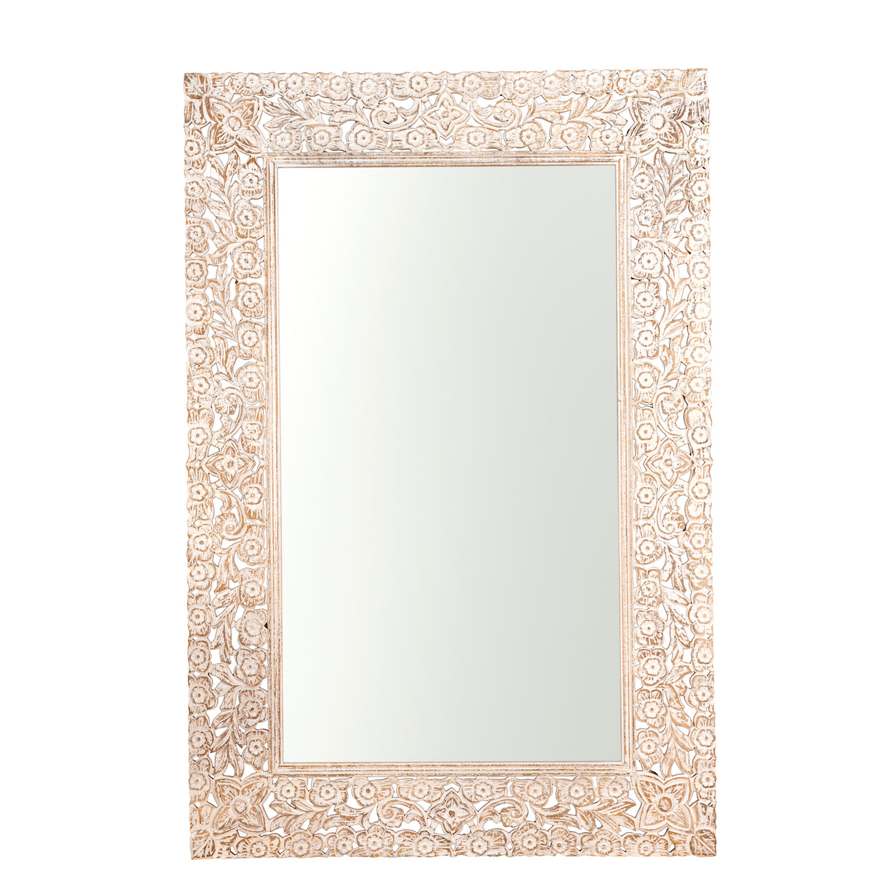 White background image of a carved wood mirror Antaka made from solid mango wood with hand-carved frame. A unique piece of living room furniture and boho wall décor that adds light and rustic elegance to any space.