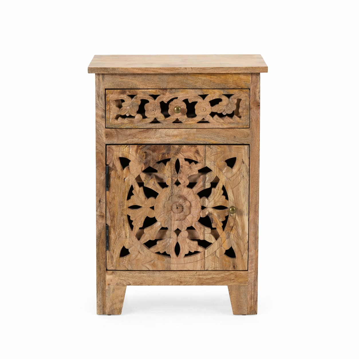 White background image of a mango wood bedside table with floral and geometric carvings; natural finish mango wood furniture ideal for bedroom furniture, 45 × 65 × 35 cm.