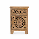 White background image of a mango wood bedside table with floral and geometric carvings; natural finish mango wood furniture ideal for bedroom furniture, 45 × 65 × 35 cm.