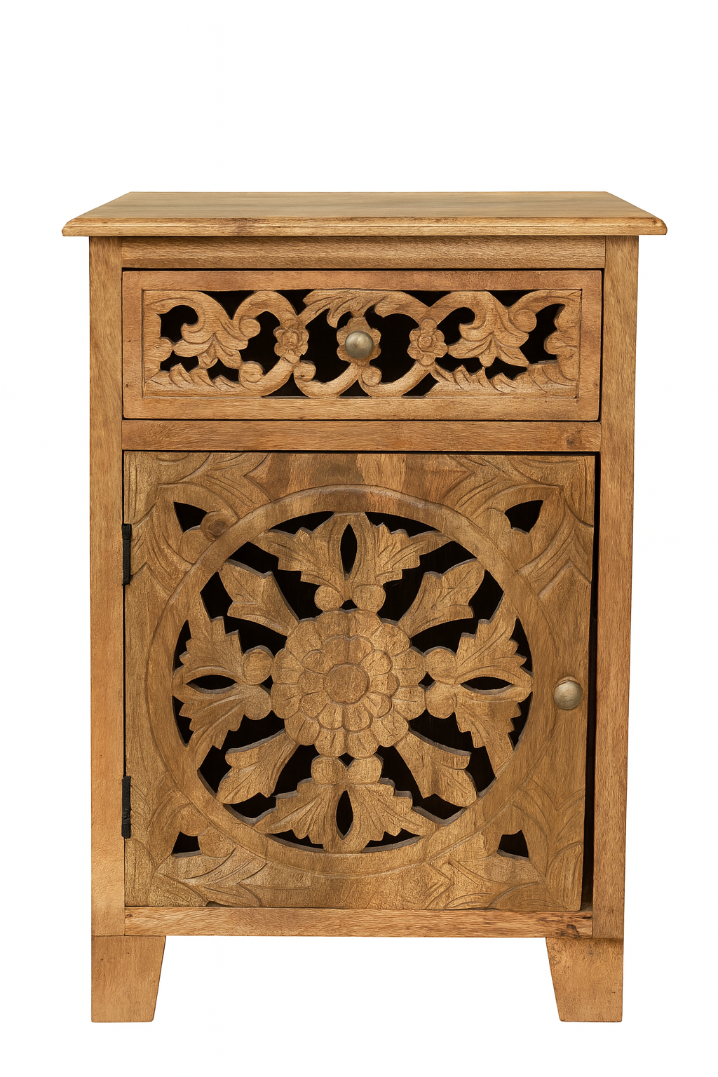 White background image of a pair of mango wood bedside tables with floral and geometric carvings; natural finish mango wood furniture ideal for bedroom furniture, 45 × 65 × 35 cm.