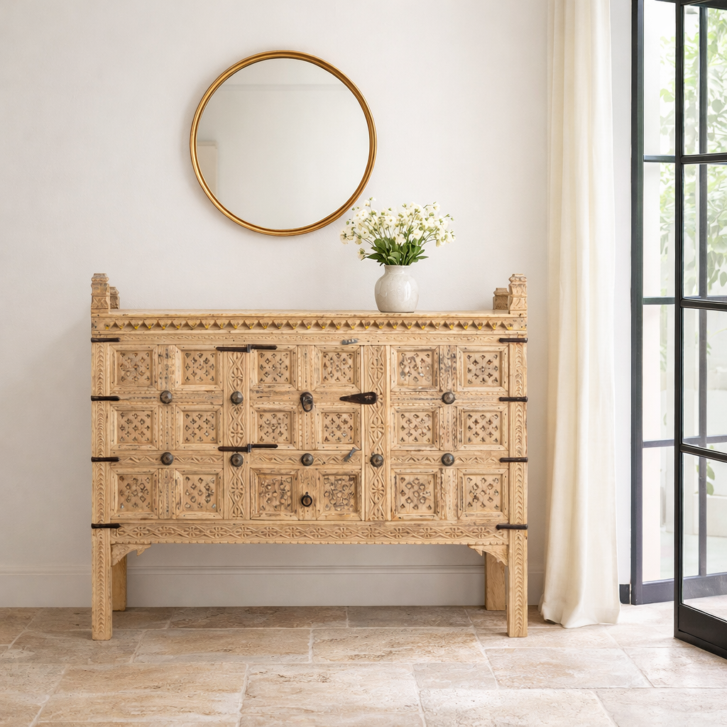 Lifestyle imagination of a reclaimed Indian Damchya chest with carved wood panels and rustic finish – traditional Rajasthani furniture for vintage and heritage-inspired interiors.