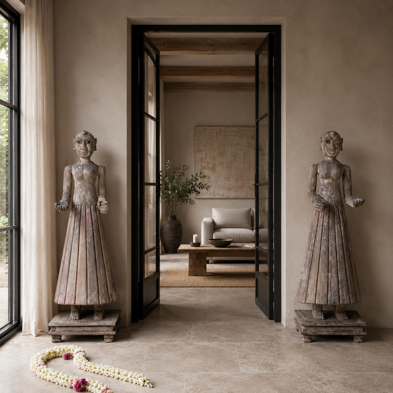 Lifestyle image of an antique Indian wooden temple guardian figure with weathered patina, styled beside a black-framed door in a modern living room.