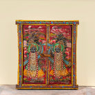 Radha and Krishna antique reclaimed wood mirror with hand-painted Indian artwork on an authentic vintage reclaimed wooden mirror frame, 50x50x5cm.