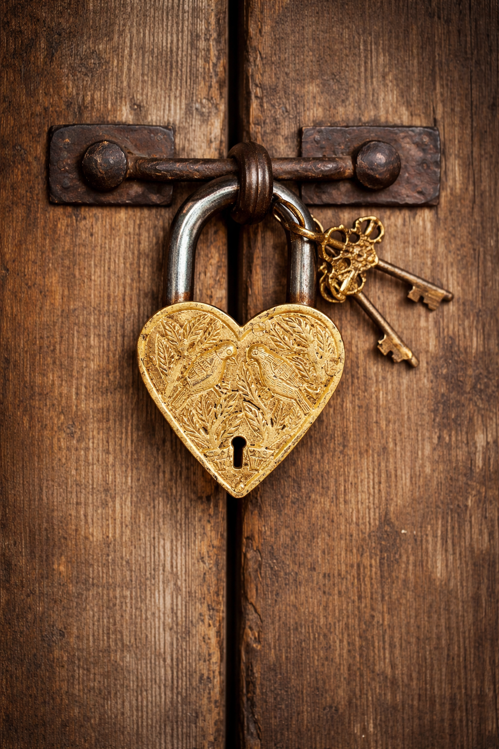 Handcrafted heart-shaped brass lock with engraved details and keys, a decorative brass accessory inspired by traditional Indian home accessories.