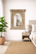 Lifestyle imagination of a hand‑carved mango wood mirror Persia with floral wooden frame. A bold piece of carved wooden mirror and unique wall decoration for vintage and bohemian interiors.