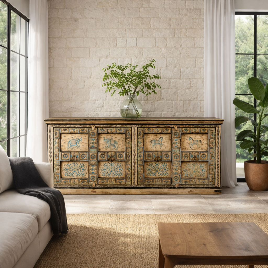 Lifestyle imagination of a unique sideboard made of recycled wood with hand painted Indian motifs in blue and gold; sustainable furniture for dining rooms or hallways, 220 × 44 × 98 cm.