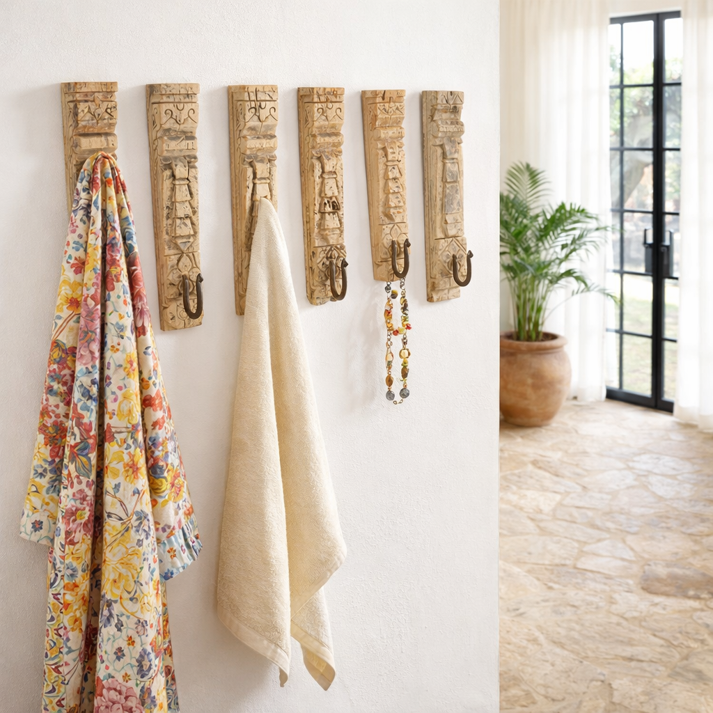 Lifestyle image of a hand-carved teak wood wall hooks Mahin made from antique house parts with mixed carvings and aged patina. A vintage home accessory and unique Indian decoration perfect for vintage home decor in entryways or bathrooms.