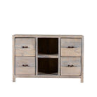 White background image of a reclaimed wood console with 6 drawers and 2 open shelves; Ibiza style bathroom console with matching Bhavya mirror available, 120 × 50 × 80 cm.