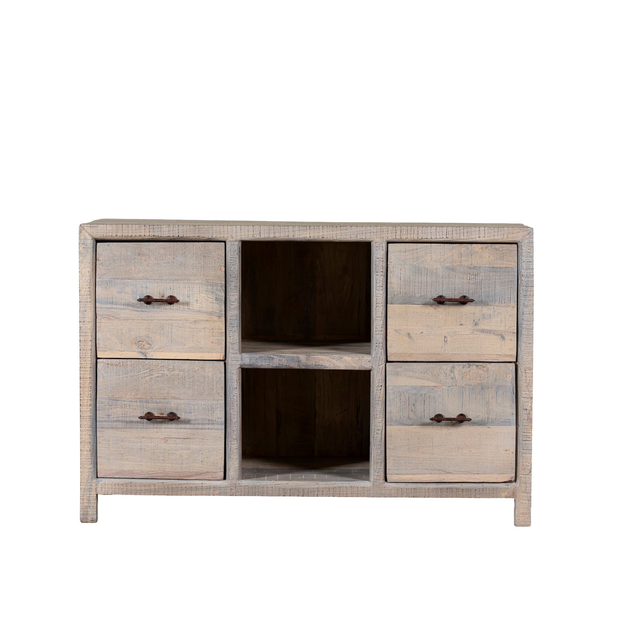 White background image of a reclaimed wood console with 6 drawers and 2 open shelves; Ibiza style bathroom console with matching Bhavya mirror available, 120 × 50 × 80 cm.