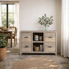 Lifestyle inspiration for a reclaimed wood console with 6 drawers and 2 open shelves; Ibiza style bathroom console with matching Bhavya mirror available, 120 × 50 × 80 cm.