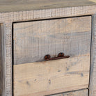 Close up image of a reclaimed wood console with 6 drawers and 2 open shelves; Ibiza style bathroom console with matching Bhavya mirror available, 120 × 50 × 80 cm.
