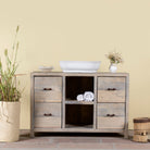 Reclaimed wood console with 6 drawers and 2 open shelves; Ibiza style bathroom console with matching Bhavya mirror available, 120 × 50 × 80 cm.