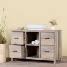 Image with open drawers of a reclaimed wood console with 6 drawers and 2 open shelves; Ibiza style bathroom console with matching Bhavya mirror available, 120 × 50 × 80 cm.