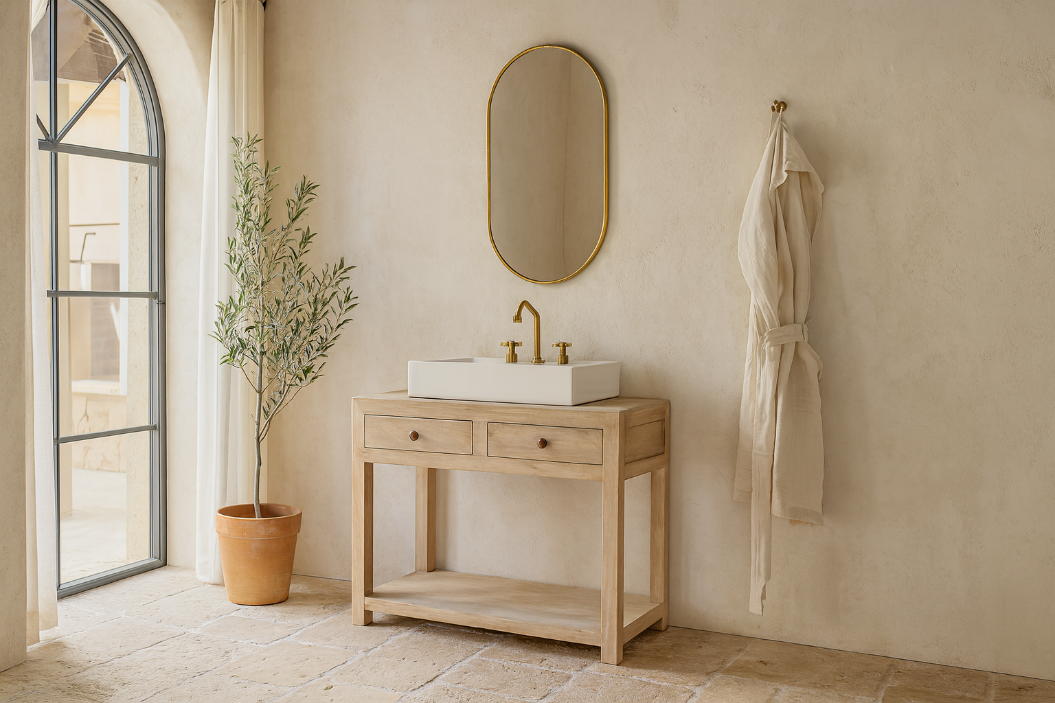 Lifestyle imagination of a Ibiza style reclaimed wood console table with two drawers and a lower shelf, whitewashed finish, 100 × 40 × 90 cm.