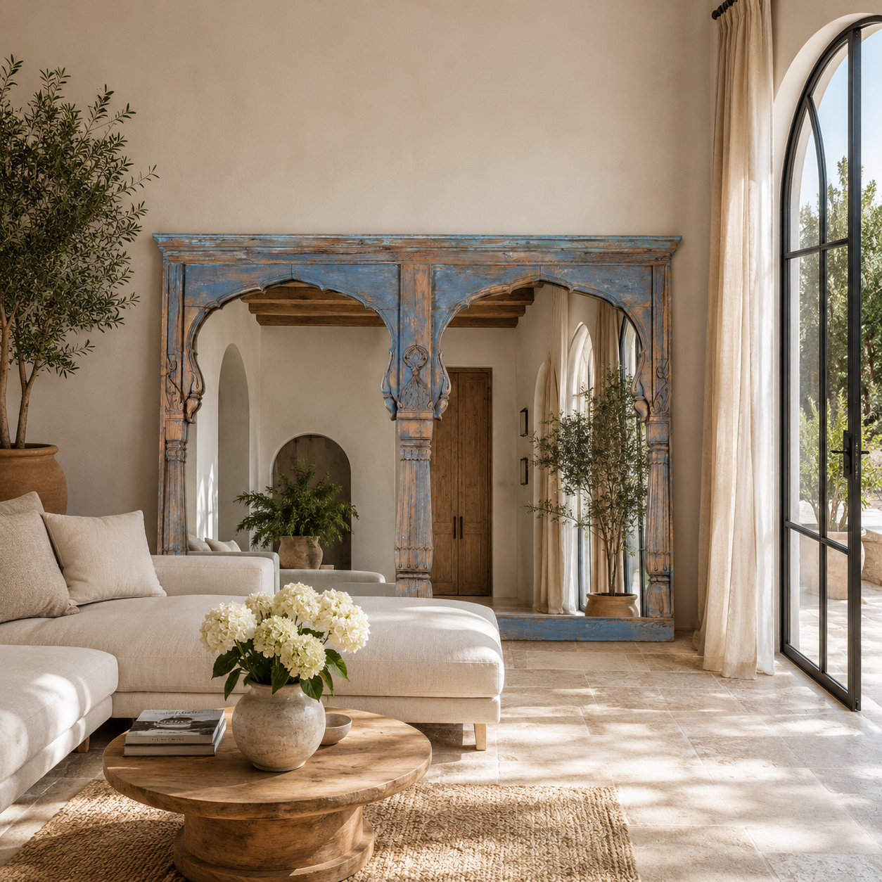 Lifestyle image of a antique arch mirror Anuradha made from a reclaimed teak triple window frame with indigo patina and carved columns. A large, unique Indian furniture piece for vintage and bohemian interiors.