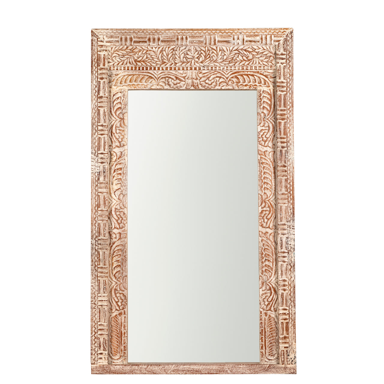 Wite background image of a carved wood mirror Anushara made from hand-carved mango wood with floral motifs and distressed finish. A bold piece of living room furniture ideal for boho and coastal-inspired spaces.