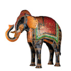 White background picture of a large hand-painted decorative elephant sculpture made of sheet metal in vibrant Rajasthani style, featuring intricate floral and geometric patterns in red, green, and gold. Ideal for enhancing entrance areas, restaurant lobbies, hotel receptions, or luxury interior spaces.